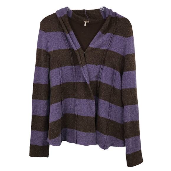 Free People Striped Cardigan M Off-Centered Button Front Wool Blend Long Sleeve - Picture 1 of 6